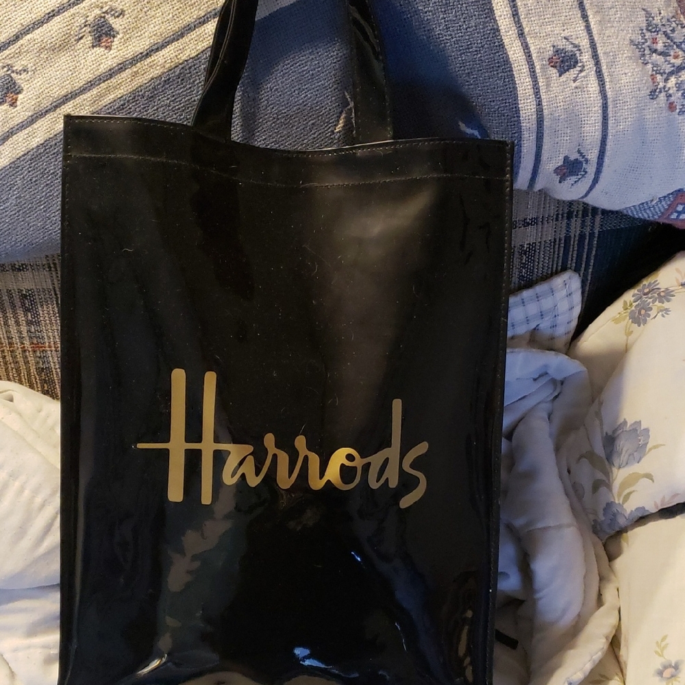 Harrods Glossy Black Tote with Gold Logo